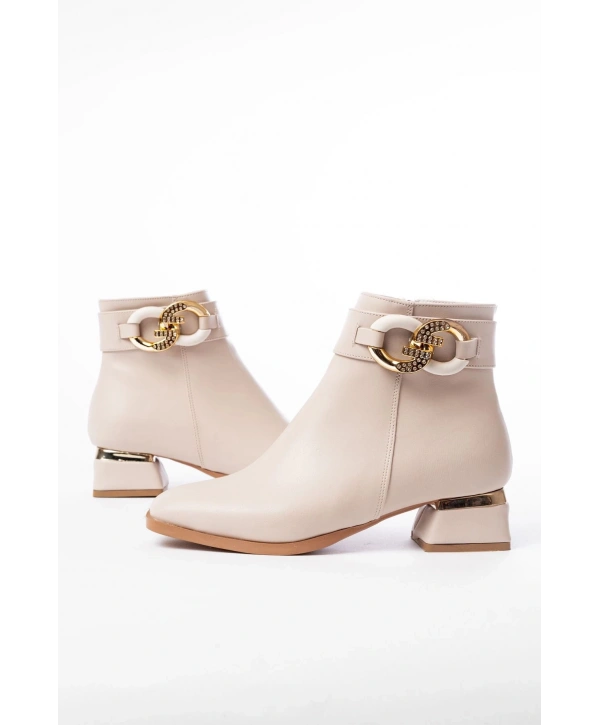 RM-504 Bej Toka Aksesuarlı Topuklu Fermuarlı Günlük Kadın Bot
