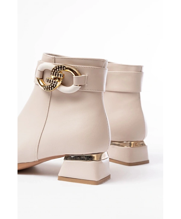 RM-504 Bej Toka Aksesuarlı Topuklu Fermuarlı Günlük Kadın Bot