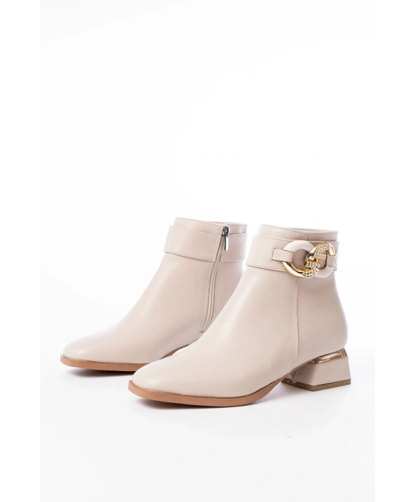 RM-504 Bej Toka Aksesuarlı Topuklu Fermuarlı Günlük Kadın Bot