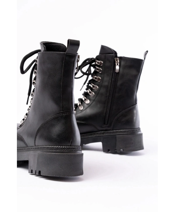 812-2121 Siyah Cilt Bağcıklı Fermuarlı Günlük Kadın Bot