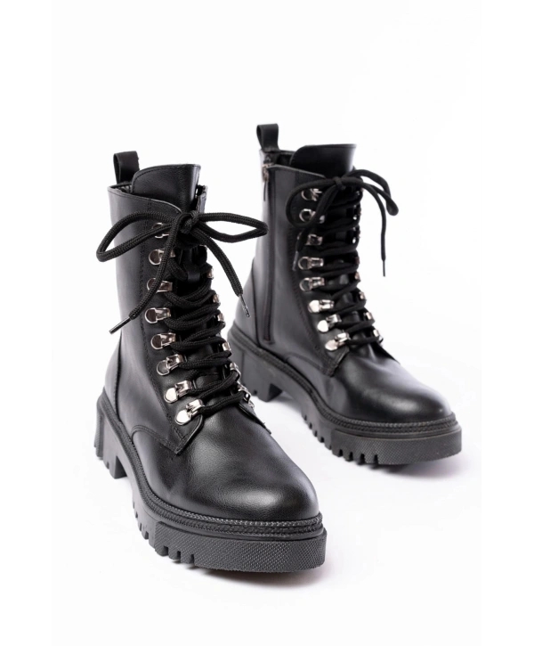 812-2121 Siyah Cilt Bağcıklı Fermuarlı Günlük Kadın Bot