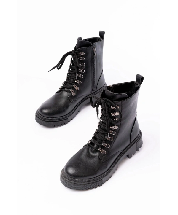 812-2121 Siyah Cilt Bağcıklı Fermuarlı Günlük Kadın Bot