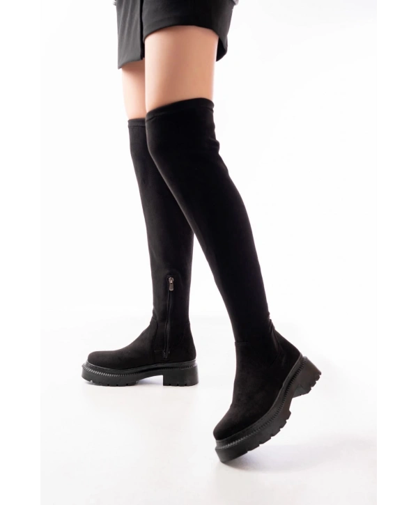 236-2194 Siyah Süet Streç Diz Üstü Fermuarlı Günlük Kadın Çizme