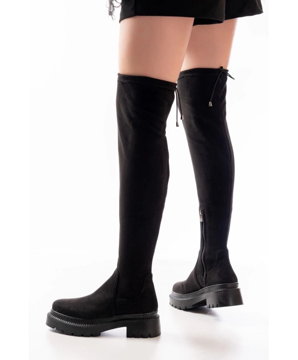 236-2194 Siyah Süet Streç Diz Üstü Fermuarlı Günlük Kadın Çizme