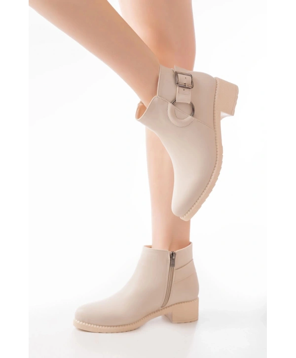 270-3030 Bej Toka Aksesuarlı Fermuarlı Günlük Kadın Bot