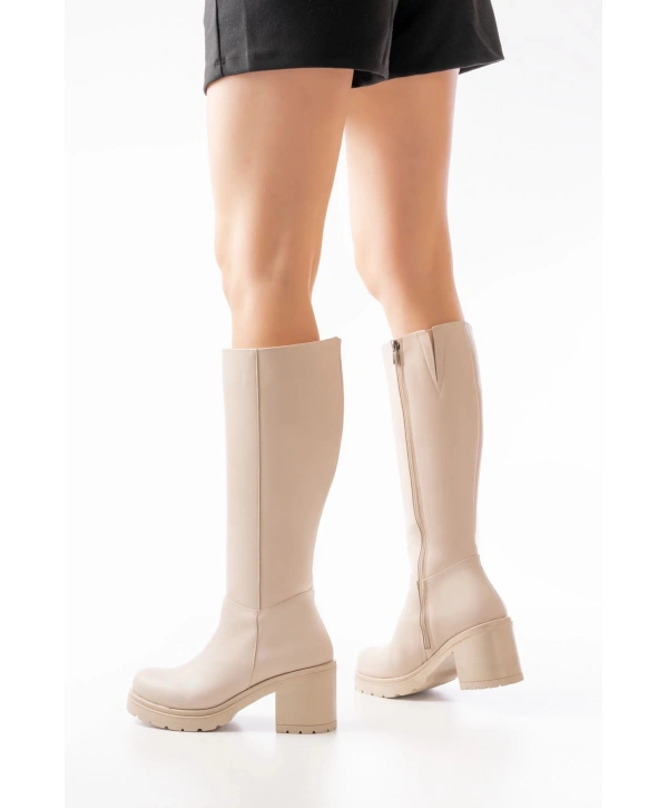 767-3013 Bej Fermuarlı Günlük Kadın Çizme