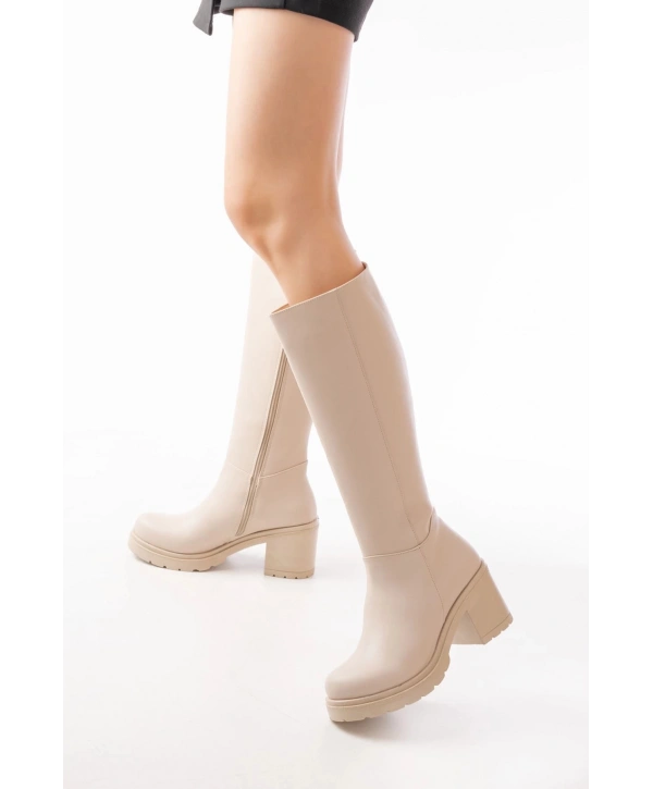 767-3013 Bej Fermuarlı Günlük Kadın Çizme