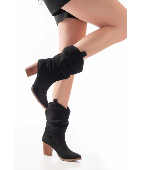 LS-1860 Siyah Süet Körüklü Kalın Topuklu Günlük Kadın Bot