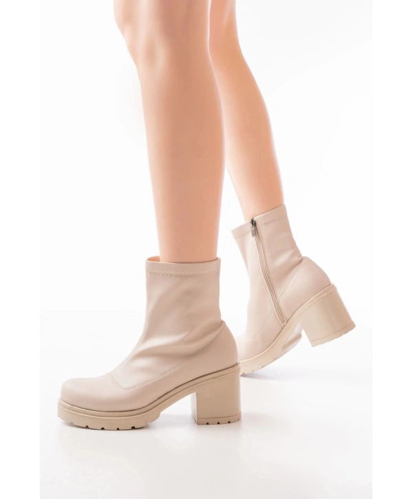767-3012 Streç Bej Fermuarlı Kalın Topuklu Günlük Kadın Bot