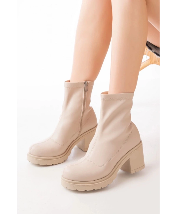 767-3012 Streç Bej Fermuarlı Kalın Topuklu Günlük Kadın Bot