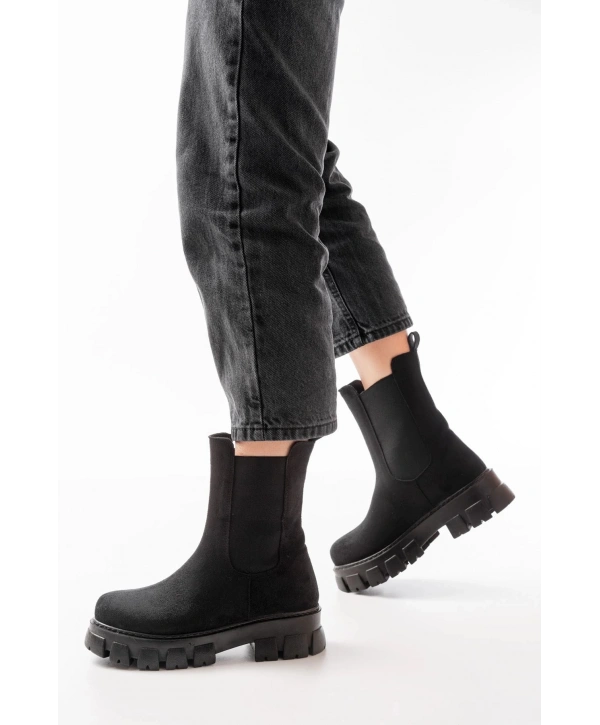 FZ-299 Siyah Süet Yüksek Tabanlı Lastikli Günlük Kadın Bot