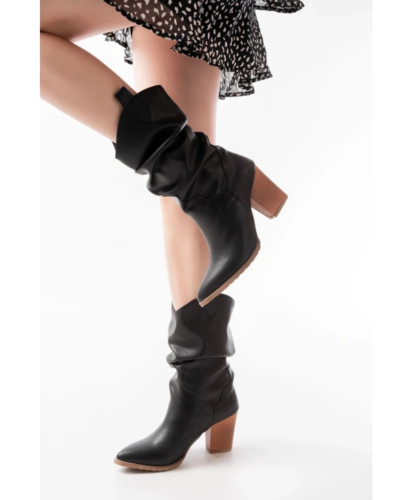 LS-1860 Siyah Körüklü Kalın Topuklu Günlük Kadın Bot