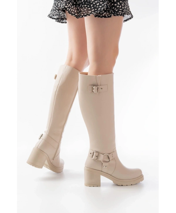 767-3005 Bej Toka Aksesuarlı Fermuarlı Günlük Kalın Topuklu Kadın Bot