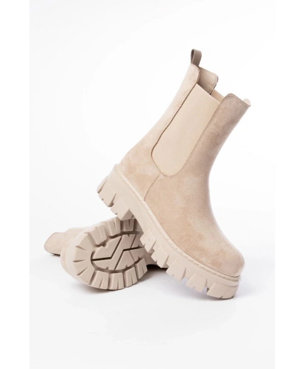 FZ-299 Bej Süet Yüksek Tabanlı Lastikli Günlük Kadın Bot