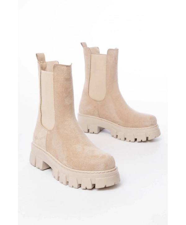 FZ-299 Bej Süet Yüksek Tabanlı Lastikli Günlük Kadın Bot