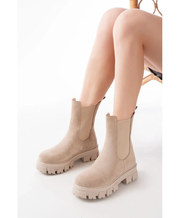 FZ-299 Bej Süet Yüksek Tabanlı Lastikli Günlük Kadın Bot