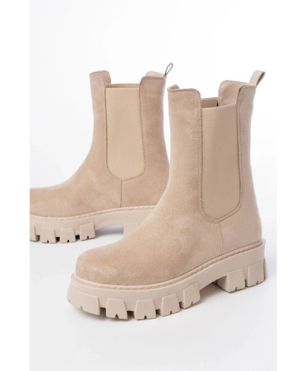 FZ-299 Bej Süet Yüksek Tabanlı Lastikli Günlük Kadın Bot