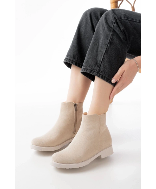 165-204 Bej Süet Fermuarlı Günlük Kadın Bot