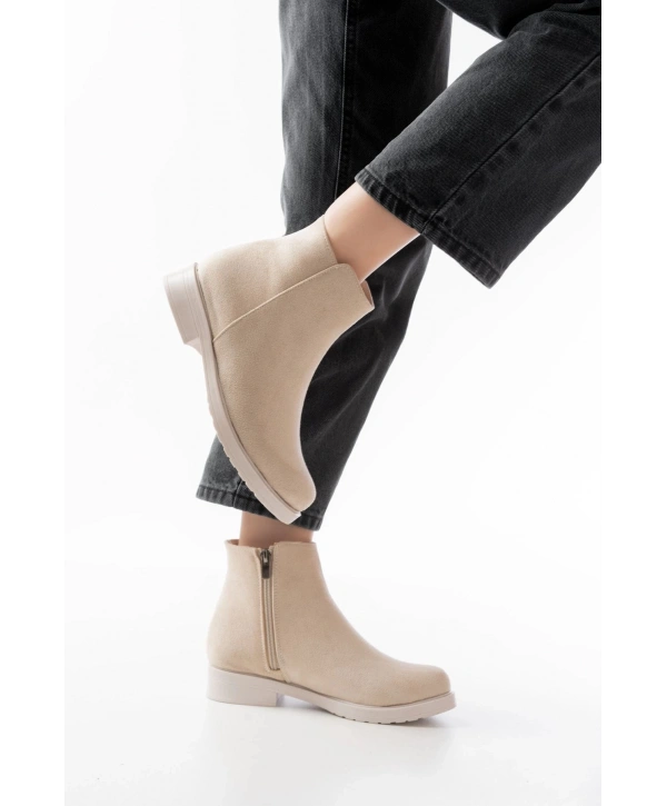 165-204 Bej Süet Fermuarlı Günlük Kadın Bot