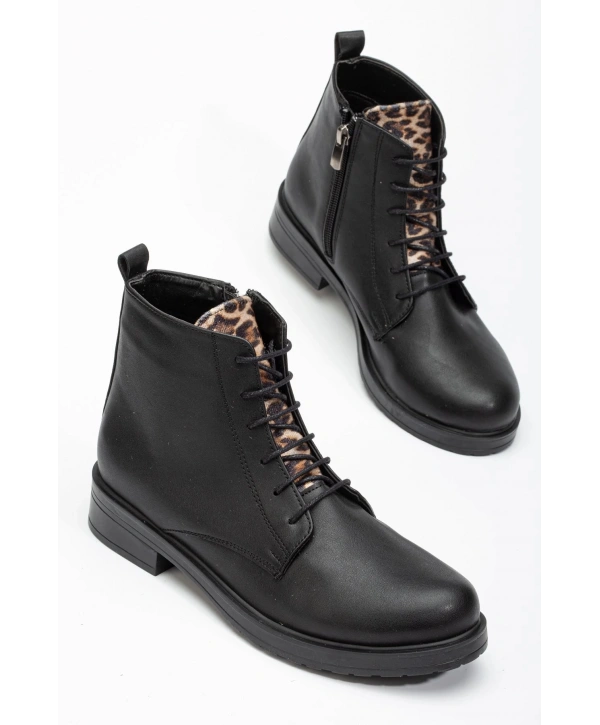 165-225 Siyaha Leopar Bağcıklı Fermuarlı Günlük Kadın Bot