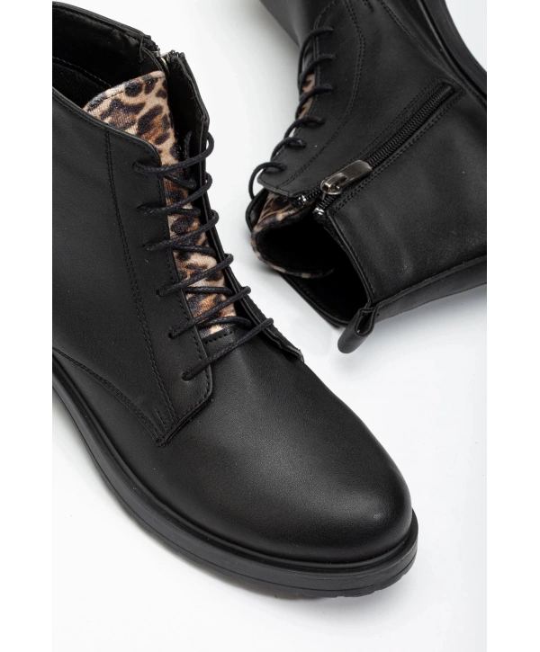 165-225 Siyaha Leopar Bağcıklı Fermuarlı Günlük Kadın Bot