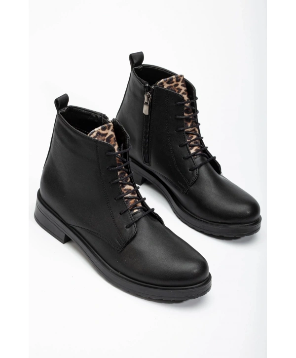 165-225 Siyaha Leopar Bağcıklı Fermuarlı Günlük Kadın Bot
