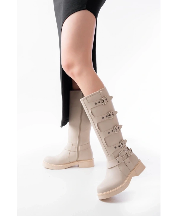 02-346 Bej Düz Topuklu Günlük Bayan Binici Çizme