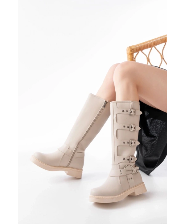 02-346 Bej Düz Topuklu Günlük Bayan Binici Çizme