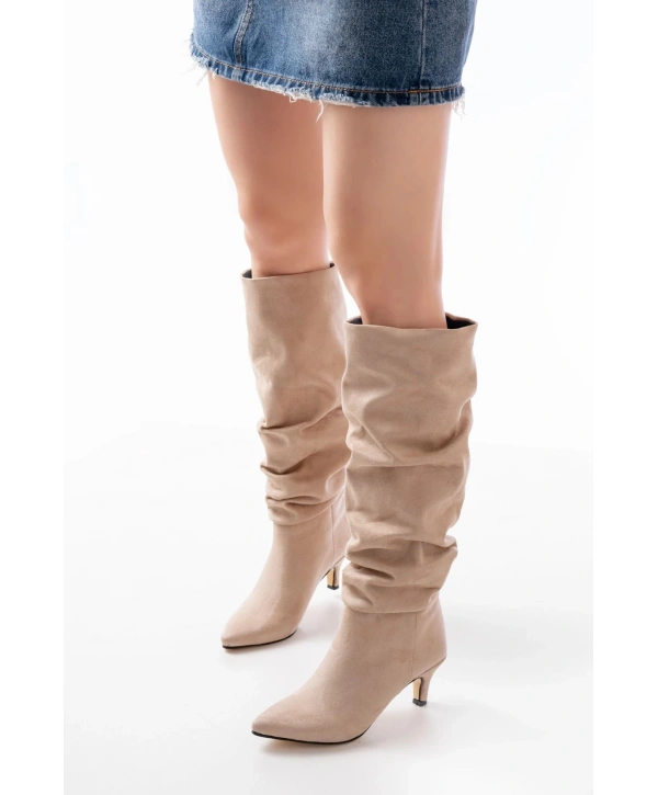 SR-2001 Bej Süet İnce Topuklu Günlük Bayan Çizme