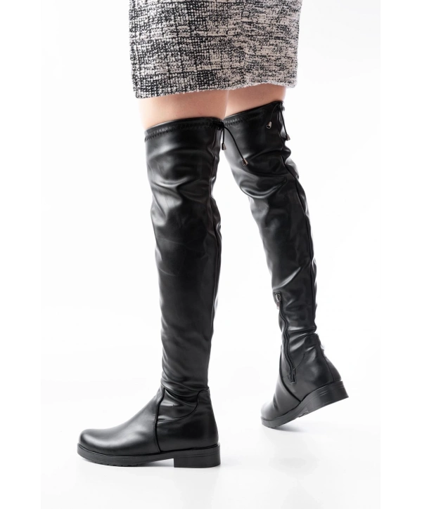 165-Streç Siyah Diz Üstü Fermuarlı Günlük Kadın Çizme