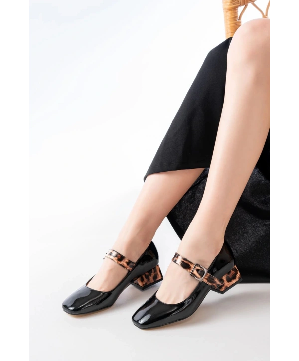 ST-006 Siyah Leopar Rugan Günlük 4 cm Topuklu Bayan Ayakkabı