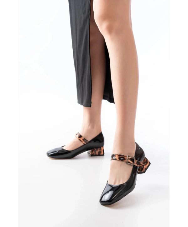 ST-006 Siyah Leopar Rugan Günlük 4 cm Topuklu Bayan Ayakkabı