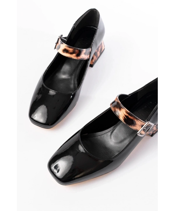 ST-006 Siyah Leopar Rugan Günlük 4 cm Topuklu Bayan Ayakkabı