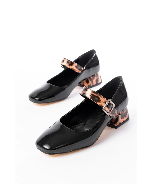 ST-006 Siyah Leopar Rugan Günlük 4 cm Topuklu Bayan Ayakkabı