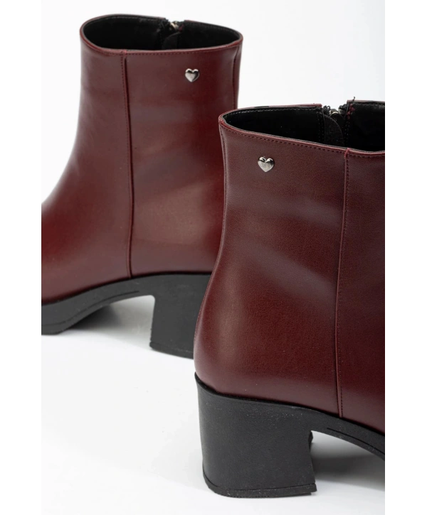 5109-3022 Bordo Fermuarlı Kalın Topuklu Günlük Kadın Bot
