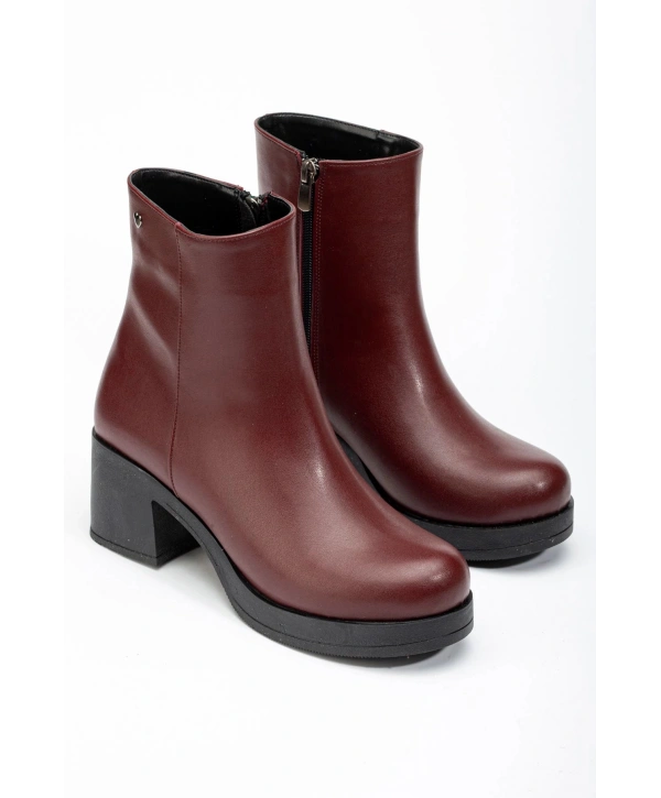 5109-3022 Bordo Fermuarlı Kalın Topuklu Günlük Kadın Bot