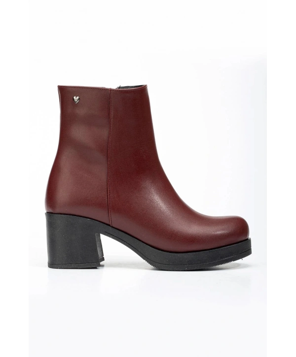 5109-3022 Bordo Fermuarlı Kalın Topuklu Günlük Kadın Bot