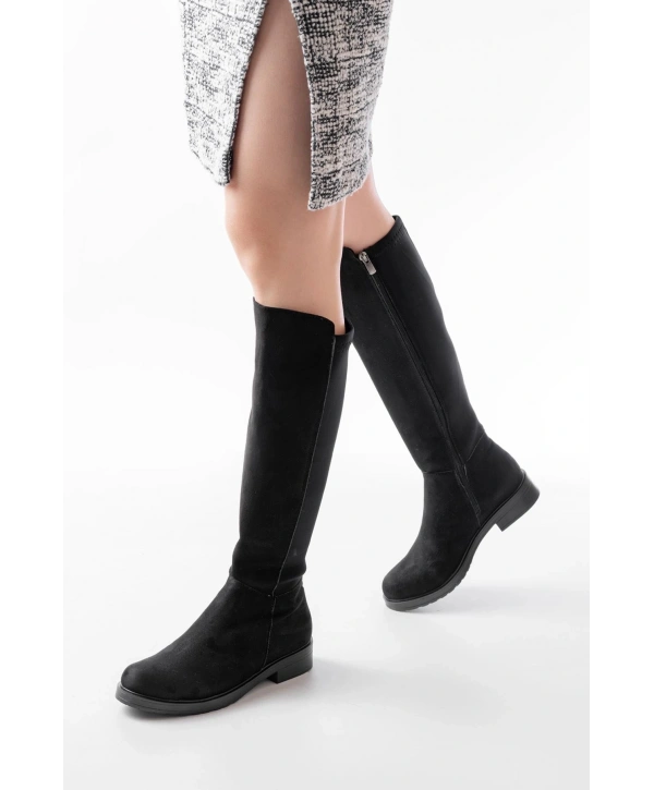 165-305 Siyah Süet Arka Streç Fermuarlı Günlük Kadın Çizme