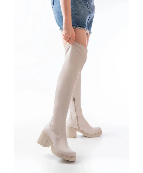 767-3010 Bej Streç Günlük Kalın Topuklu Kadın Çizme