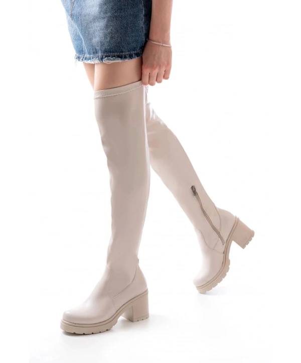 767-3010 Bej Streç Günlük Kalın Topuklu Kadın Çizme