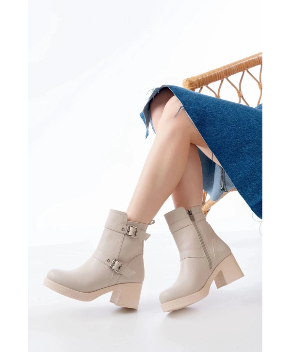 5109-3027 Bej Topuklu Fermuarlı Günlük Kadın Bot