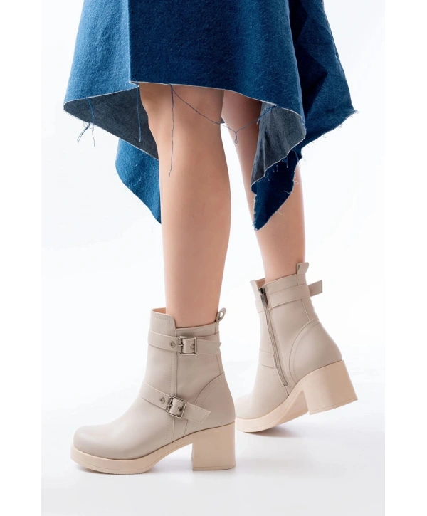 5109-3027 Bej Topuklu Fermuarlı Günlük Kadın Bot