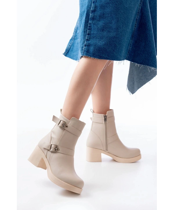 5109-3027 Bej Topuklu Fermuarlı Günlük Kadın Bot