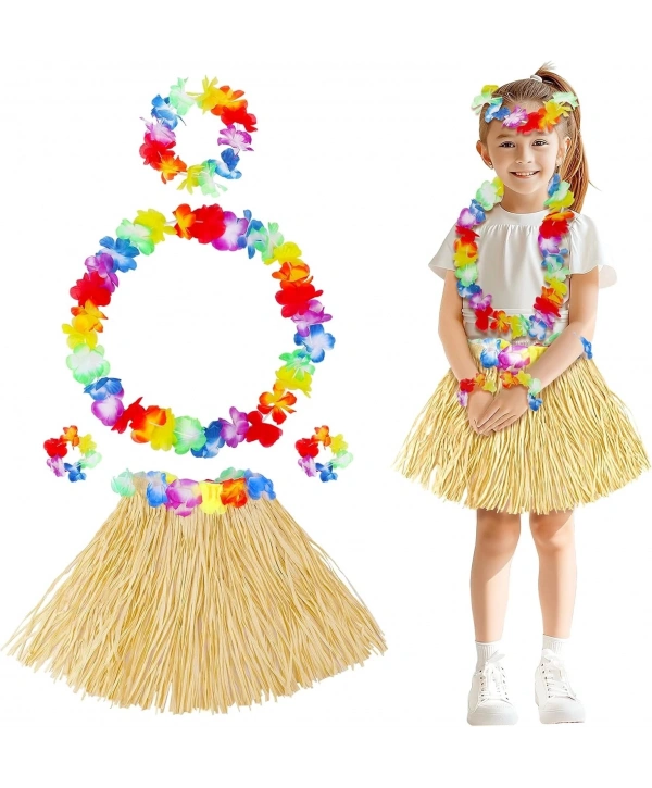 Yetişkin Çocuk Hawaii Parti Seti - 40 Cm Naturel Etek + Çiçek Aksesuarlar (5 Parça)