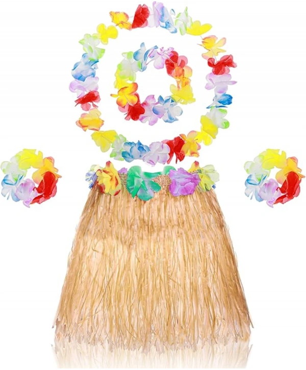 Yetişkin Çocuk Hawaii Parti Seti - 40 Cm Naturel Etek + Çiçek Aksesuarlar (5 Parça)