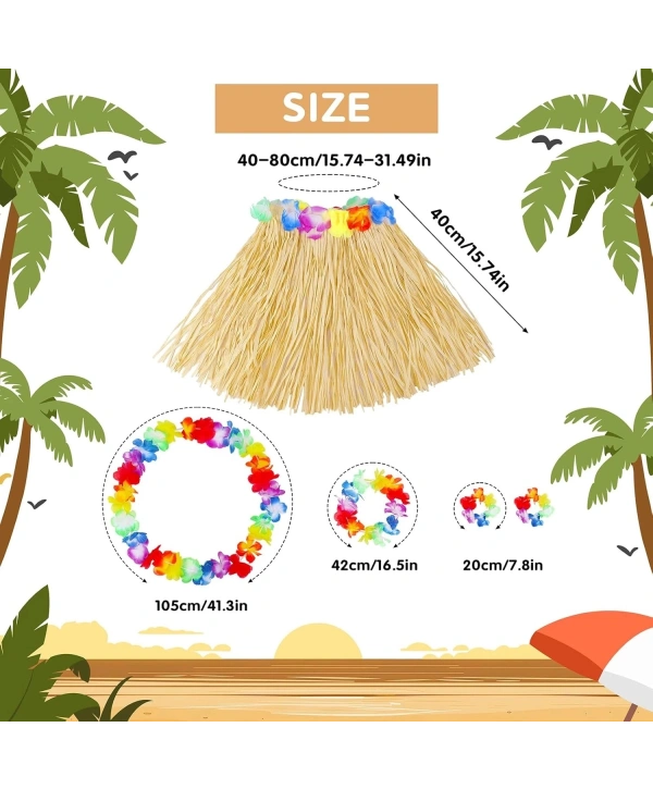 Yetişkin Çocuk Hawaii Parti Seti - 40 Cm Naturel Etek + Çiçek Aksesuarlar (5 Parça)