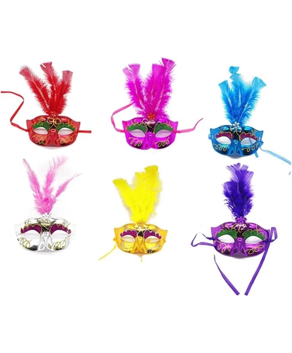 Renkli Tüylü Venedik Parti Maskesi Karışık Renk 12 Adet