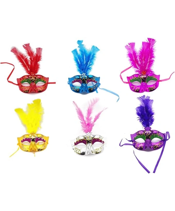 Renkli Tüylü Venedik Parti Maskesi Karışık Renk 12 Adet
