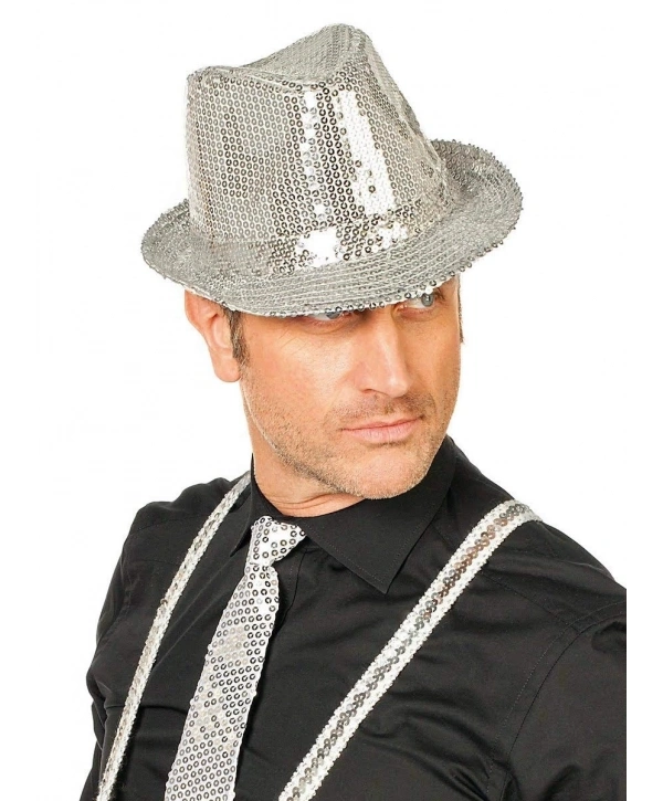 Disko Star Gümüş Payetli Fötr Şapka Yetişkin Boy