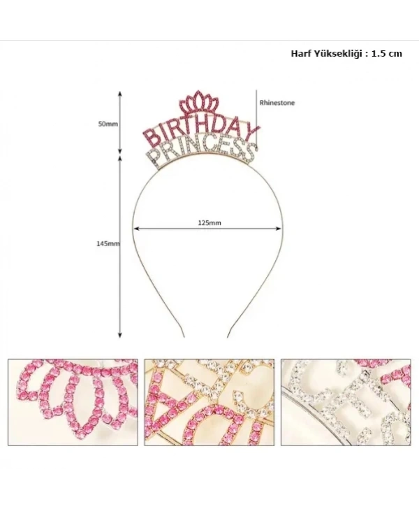 Kristal Taşlı Pembe Birthday Princess Yazılı Parti Tacı 19x11 Cm